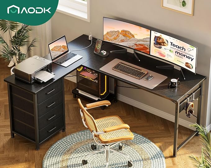 AODK 53" L Shaped Gaming Desk with 4 Drawers and Power Outlets, Black | USB Ports, PC Tower Stand, Hooks, Reversible Corner Layout for Gaming Rooms, Bedrooms and Home Office - Image 9