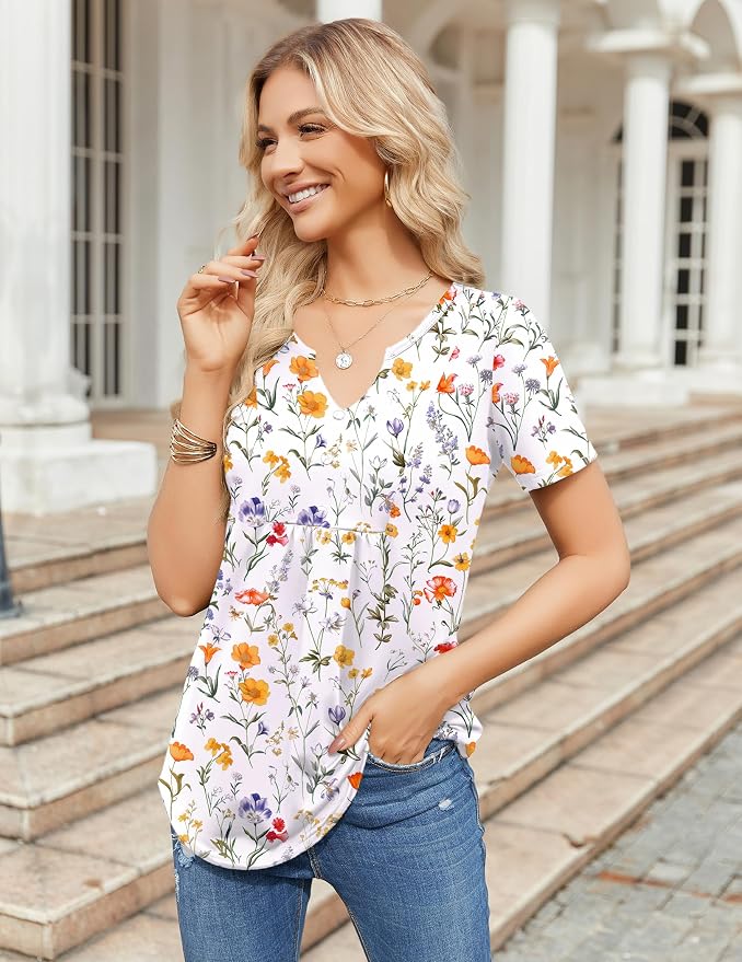 Zeagoo Womens Short Sleeve Tops Summer Henley V-Neck Tshirts Casual Pleated Blouse Dressy Loose Floral Basic Tee - Image 5