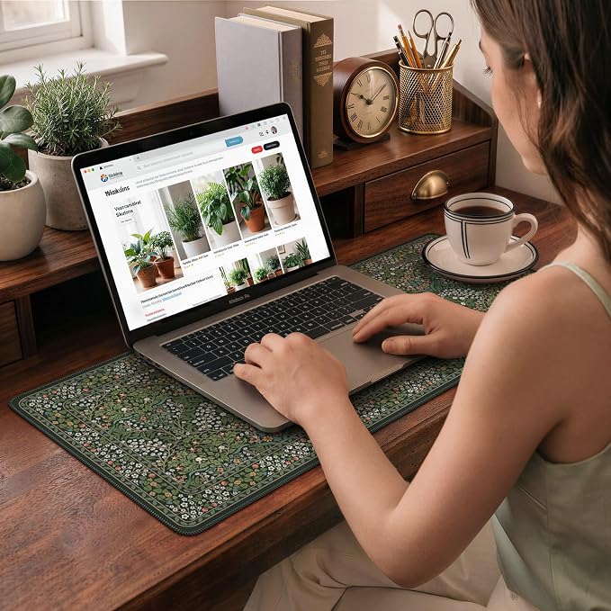 iCasso Aesthetic Floral Desk Mat, 31.5x11.8in Mouse Pads, Retro Green | Anti-Slip Mousepad with Stitched Edges, Waterproof Computer Pad, Desk Accessories Office Decor for Women - Image 9