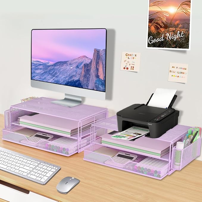 AUPSEN Computer Monitor Stands Riser,2-Tier Desk Organizers and Accessories, Office Desk Accessories Organizer with Drawers and 2 Pen Holder for Office Supplies (Purple) - Image 7