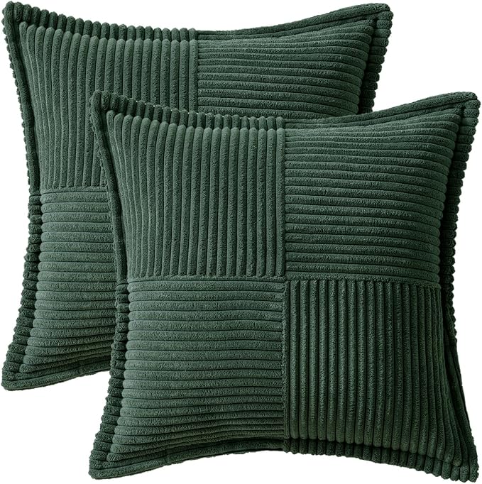 MIULEE Decorative Throw Pillow Covers for Couch Bed Livingroom 18x18 Inch Set of 2 Dark Green Boho Accent Throw Pllows Broadside Striped Patchwork Soft Corduroy Pillowcases - Image 6