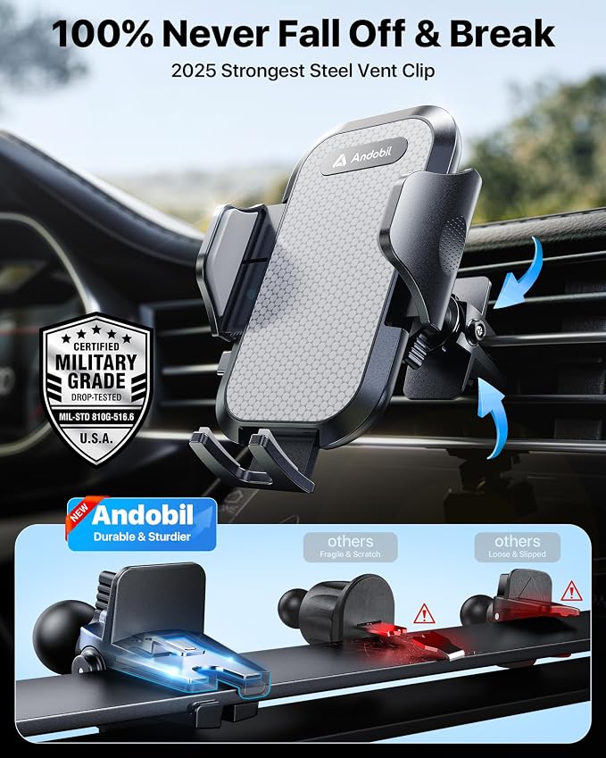 andobil Car Phone Holder, 2026 Military-Grade 89lbs Strongest Suction Phone Holders for Your Car Dashboard/Windshield/Vent Easy Clamp Cellphone Holder Truck Stand for iPhone 17 16 15 Pro Samsung Grey - Image 9