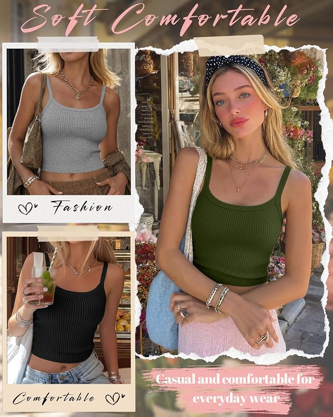 Ficerd 3 Pack Women's Tank Tops 95% Cotton Spaghetti Strap Ribbed Crop Camisole Slim Fitted Basic Summer Sleeveless Layer - Image 5
