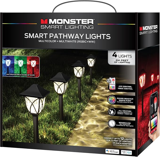 Monster Smart RGB+IC+WW Pathway Lights with 4 Dimmable LED Lights - Sound Reactive Garden Light, Weatherproof IP44 Outdoor Lighting - Compatible with Alexa, Google Assistant, Siri, Monster App - Image 8