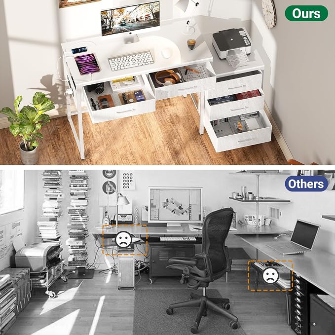 Unikito Reversible Computer Desk with 5 Drawers, Sturdy Office Desk with Power Outlets and USB Ports, Study Writing Table with File Cabinet & Printer Stand, Vanity Desk with Storage, White - Image 8