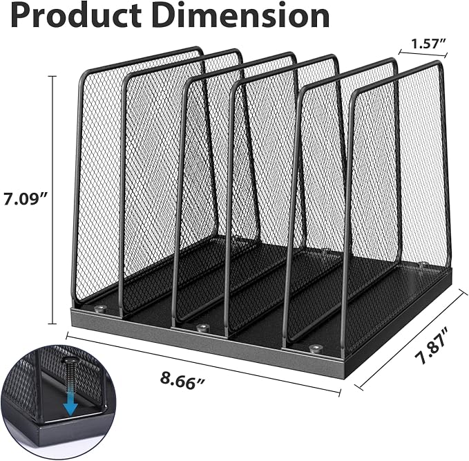 LEKETREE Desk File Organizer, 5-Section Upright File Sorter, Vertical File Folder Holder, Mesh Metal Wood Office Desktop Organization for Document, Magazine, Books and more (Black) - Image 6