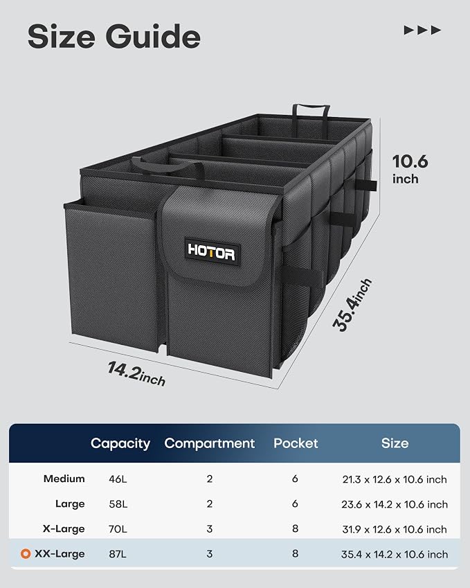 HOTOR Trunk Organizer for Car - Car Organizer, Foldable Trunk organizer for SUVs & Sedans, Sturdy Organization for Car Accessories, Tools, Sundries, Black, 3 Compartments, 35.4"×14.2"×10.6" - Image 2