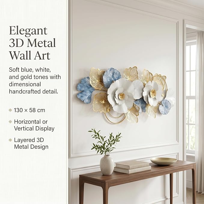 Axioglo 51" Large Wall Decor,3D Floral Metal Wall Art for Living Room | 51" x 22" metal wall decor with layered metal texture, mounting hardware, two-way display - Image 8