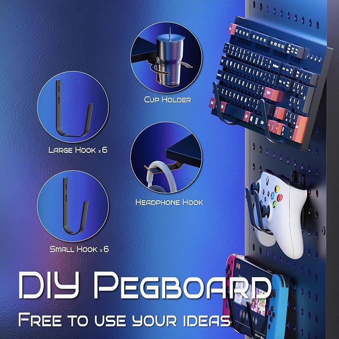 Pamray Small Gaming Desk Rolling Computer Table White | Movable, with Led Lights Power Outlets, with Storage Pegboard and Hook, Sturdy, Suitable for Study Gaming Bedroom Dorm - Image 6