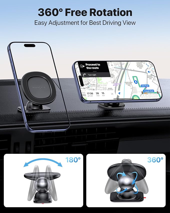 Miracase for MagSafe Car Mount【Strong Magnets】 Magnetic Phone Holder for Dashboard,360 Adjustable Car Phone Holder, Compatible with Garmin GPS iPhone Android and All Smartphones, Black - Image 7