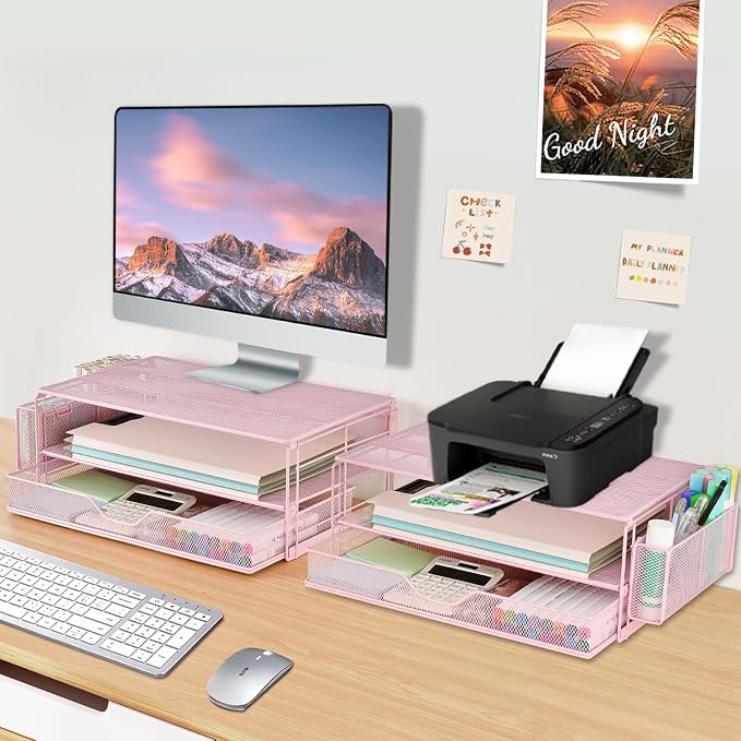 AUPSEN Computer Monitor Stands Riser,2-Tier Desk Organizers and Accessories, Office Desk Accessories Organizer with Drawers and 2 Pen Holder for Office Supplies (Pink) - Image 7
