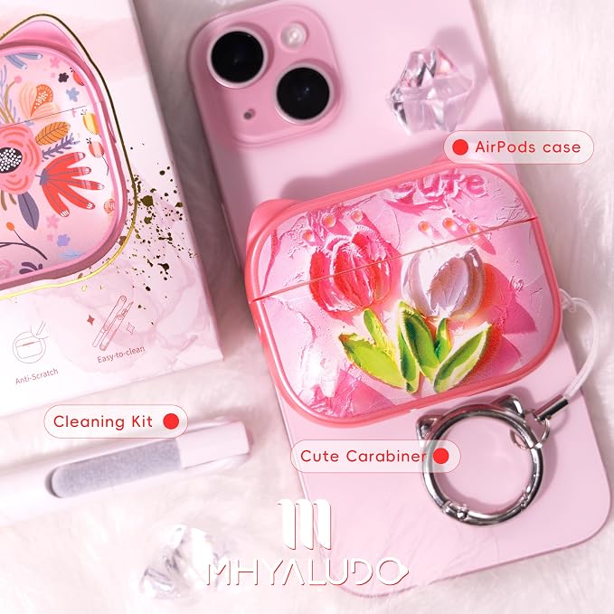 for AirPods Pro 2 Case with Cleaning Kit, Cute Cat Ear Print Design & Cute Buckle for Girls, Phone Holder & Top Safe Lock Buckle Design for AirPods Pro 2nd/1st Gen case, Tulip - Image 7