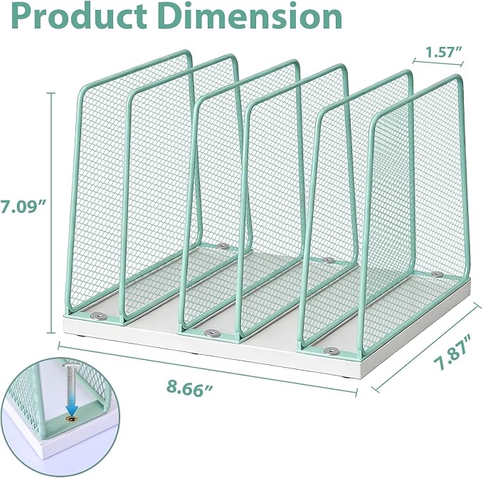 LEKETREE Desk File Organizer, 5-Section Upright File Sorter, Vertical File Folder Holder, Mesh Metal Wood Office Desktop Organization for Document, Magazine, Books and more (Mint) - Image 6