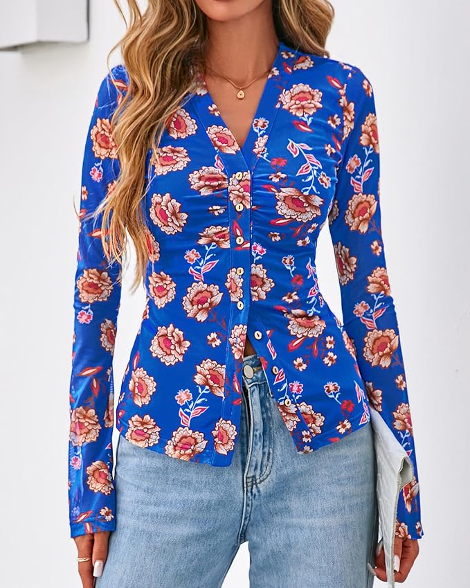 BTFBM Button Down Shirts for Women 2026 Fall Boho Tops V Neck Long Sleeve Blouses Ruched Mesh Fitted Fashion Clothing - Image 8