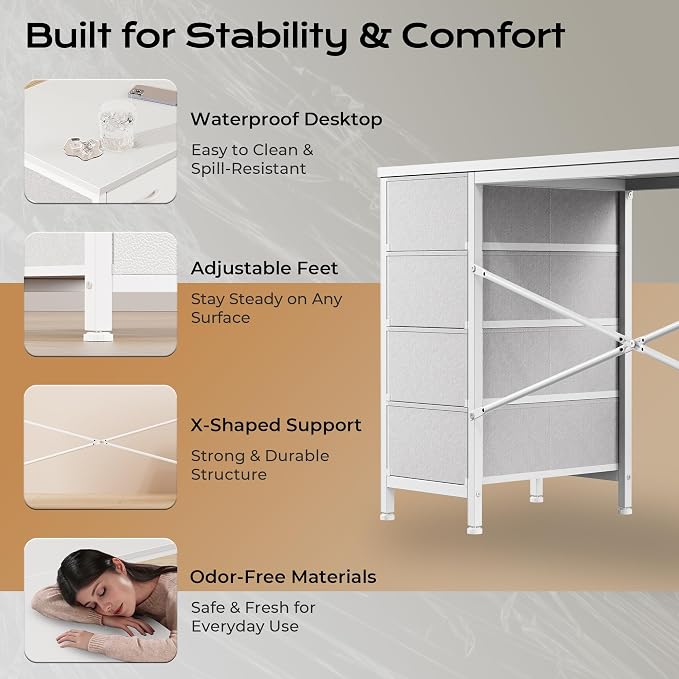 Huuger 55 Inch L Shaped Desk with Fabric Drawers, Reversible Computer Gaming Desk with Power Outlets and USB-C Port, Adjustable Side Storage Shelves, for Work Corner Home Office, White - Image 9