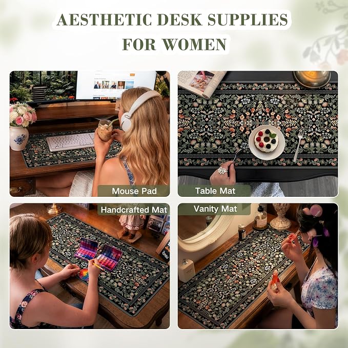iCasso Floral Desk Mat,Mouse Pad for Office Decor,35.4x15.7in,Black | Back to School Desk Pad Mat, Anti-Slip Big Mousepad with Stitched Edges for Computer Desktop,Smooth Water-Resistant - Image 9