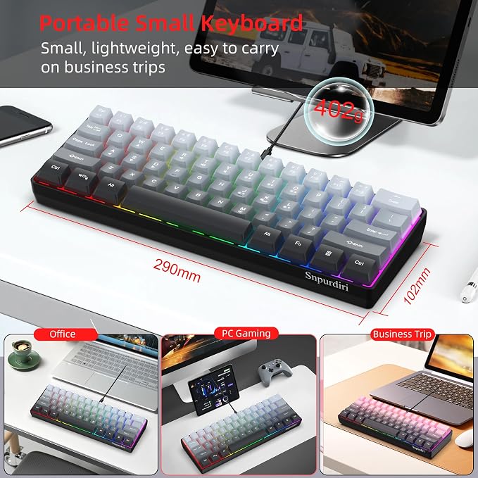 Snpurdiri 60% Wired Gaming Keyboard, 61 Keys RGB (Grey-Black) | Backlit Ultra-Compact Small Gaming Keyboard, for PC/Mac Gamer, Typist, Travel, Easy to Carry on Business Trip - Image 7