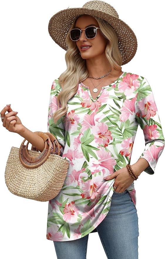 OFEEFAN Summer Boho Tops For Women 3/4 Length Sleeve Womens Tops Vacation Outfits - Image 5