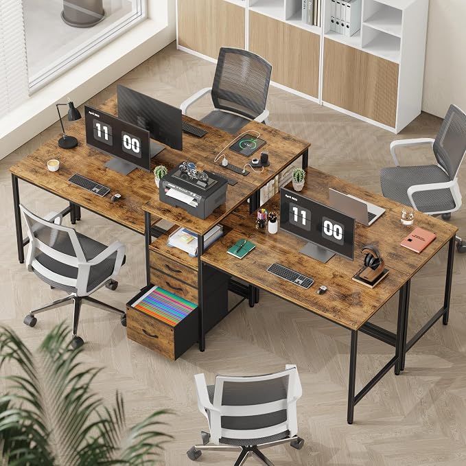 GYIIYUO 93'' Two Person Desk with Charging Station, Long Desk with 3 Drawer | Double Computer Desk with Printer Shelf, 2 Person Writing Study Table Workstation for Home Office, Rustic Brown - Image 7