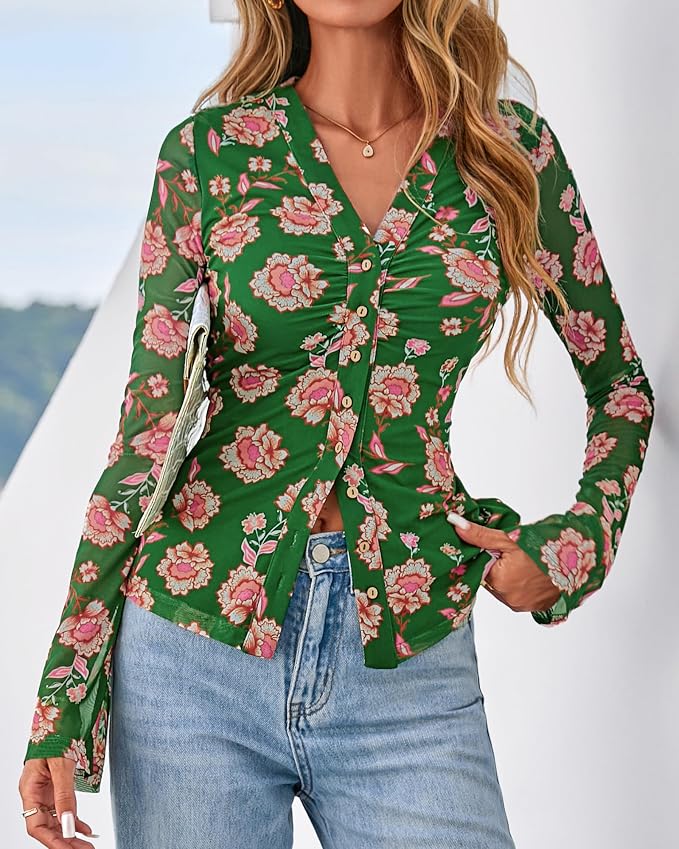 BTFBM Button Down Shirts for Women 2026 Fall Boho Tops V Neck Long Sleeve Blouses Ruched Mesh Fitted Fashion Clothing - Image 8