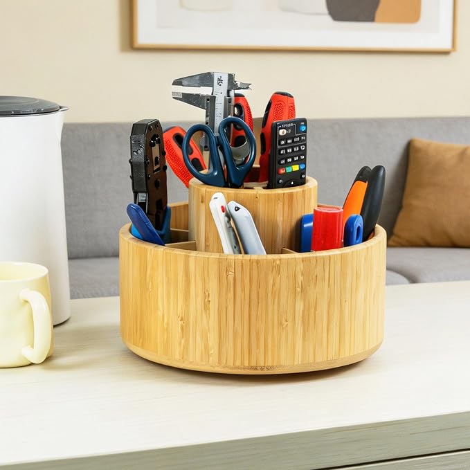 Utoplike Large Bamboo Rotating Pencil Holder, 360° Colored Pen Organizer | Spinning Art Supply Desk Caddy with Raised Center, 11-Compartment Desktop Storage for Pens, Markers and Office Supplies - Image 9
