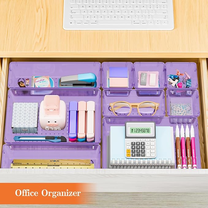 SpaceHacks 25 PCS Plastic Drawer Organizer Set, 4-Size Versatile Organizer Trays & storage Bins for Makeup, Jewelry, and Gadgets in Bathroom, Bedroom and Office,Clear Purple - Image 7