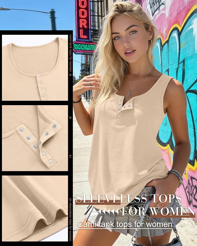 Ficerd 3 Pack Women's Henley Tank Tops Sleeveless Button Down Summer Shirts 2026 Casual Trendy Loose U Neck Tee Blouses - Image 5