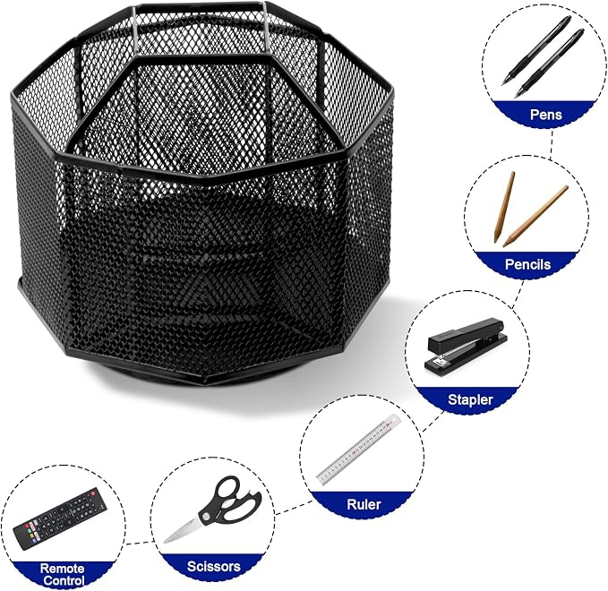 Comix Mesh 360° Rotating Pen Holder, Desk Organizer for Home Office, Black | 9 Compartment Pencil Holder, Sticky Notes Holder, Pen Organizer Office Supplies - Image 8