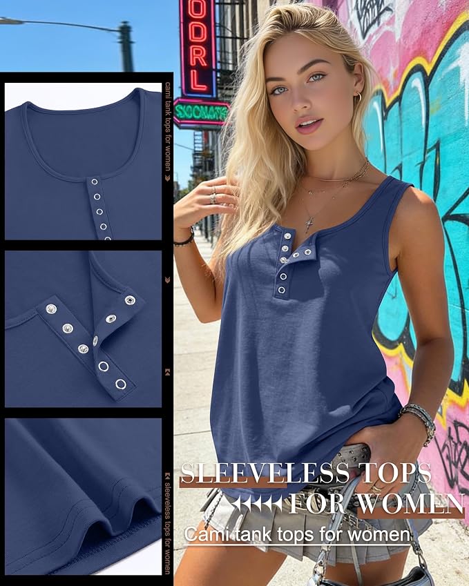 Ficerd 3 Pack Women's Henley Tank Tops Sleeveless Button Down Summer Shirts 2026 Casual Trendy Loose U Neck Tee Blouses - Image 5