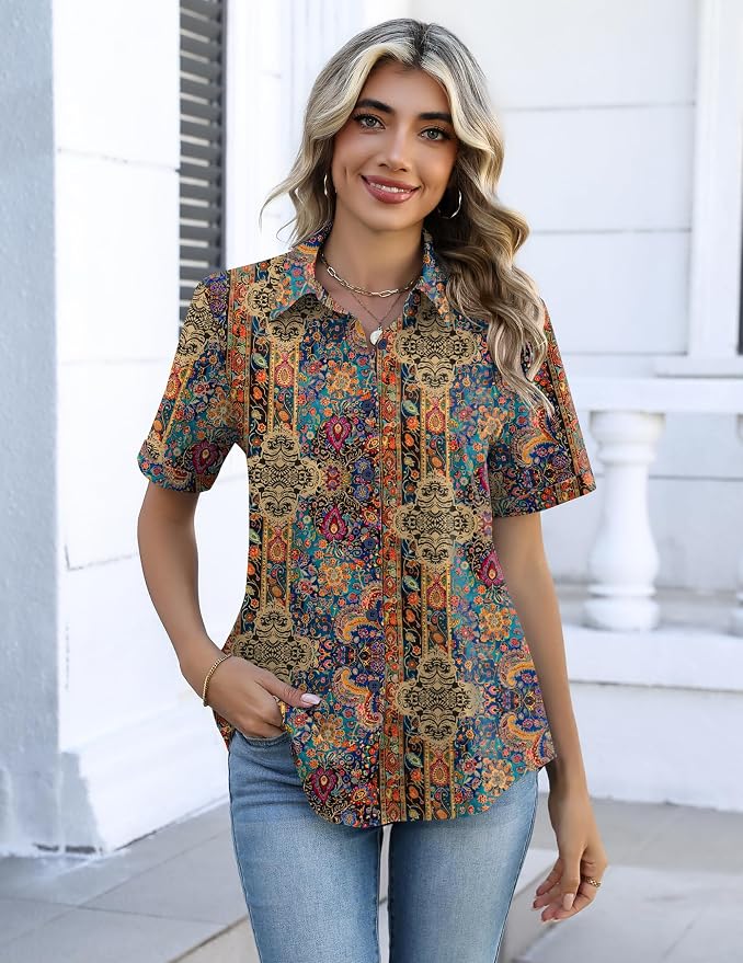 Zeagoo Button Down Shirts for Women Short Sleeve Collared Tops Dressy Casual V Neck Blouses - Image 5