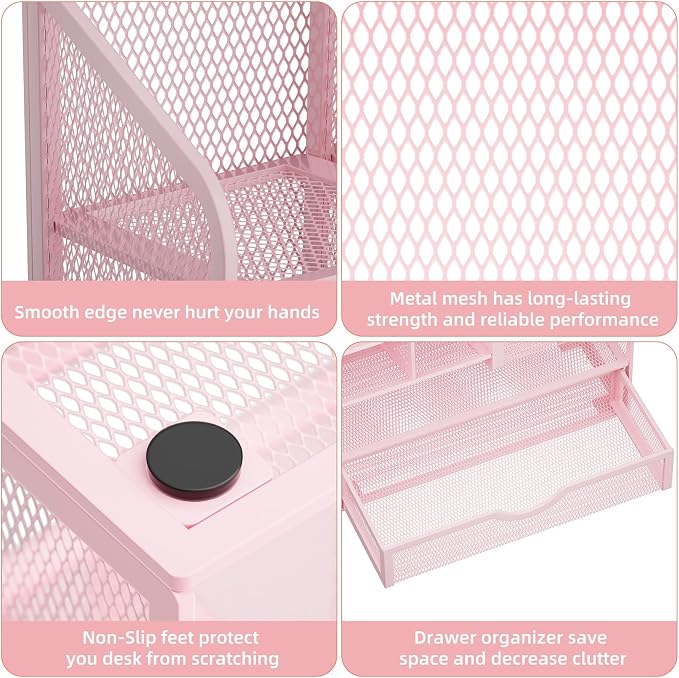 Marbrasse Mesh Desk Organizer with Drawer, Multi-Functional Pencil Organizer, 12 Compartments, Pink, Modern, Minimalist - Image 6