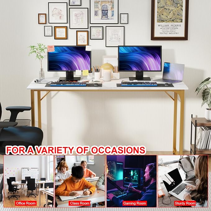 PayLessHere | 55 Inch Computer Desk | White Gold | Office Desk with Metal Frame, Adjustable Feet | Water-Resistant, Scratchproof Surface | Sturdy Writing Table for Home Office or Study | Pack of 1 - Image 7
