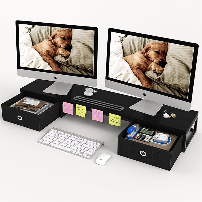 39 Inch Dual Monitor Stand Riser with 2 Drawers - Large Black Wooden Computer Stand for 2 Monitors, Ergonomic Desk Organizer with Phone Holder, Desktop Storage for Laptop, Office Supplies, Home Office - Image 9