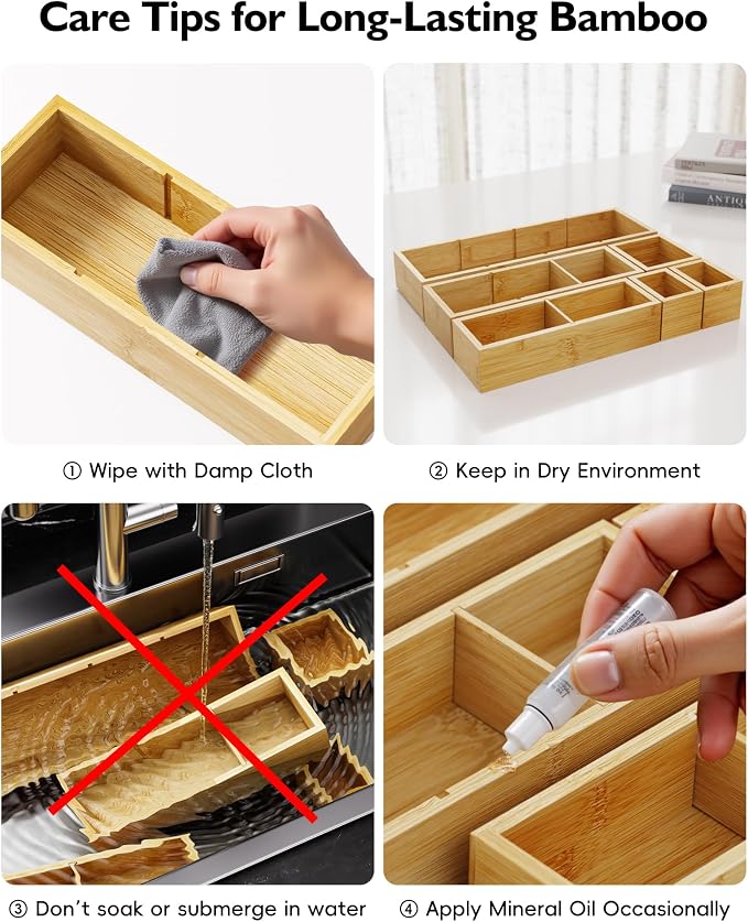 Bamboo Drawer Organizer Set, 6 PCS Desk Drawer Organizer Trays with 12 Compartments, Wood Storage Boxes for Junk Drawer, Kitchen Utensils, Office Supplies, Makeup, Jewelry, Bathroom - Image 8