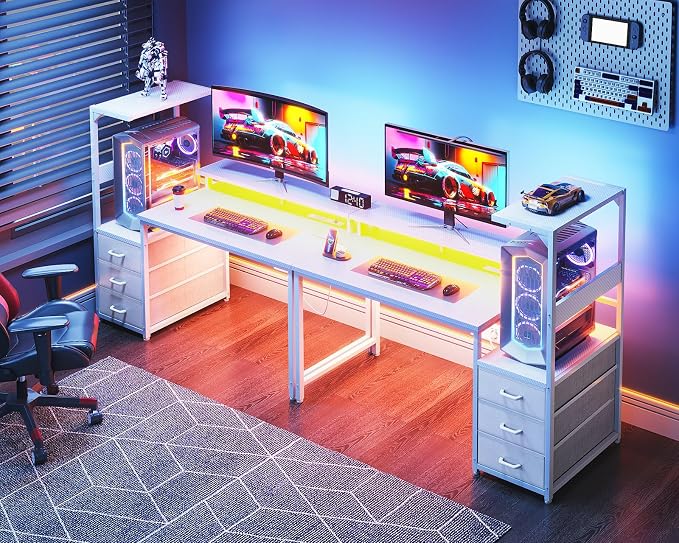 AODK 52 Inch Gaming Desk with USB Charging Ports & LED Light- Reversible Computer Desk with Storage Shelves & Monitor Stand, Modern Gamer Desk Table with Fabric Drawers, White - Image 8