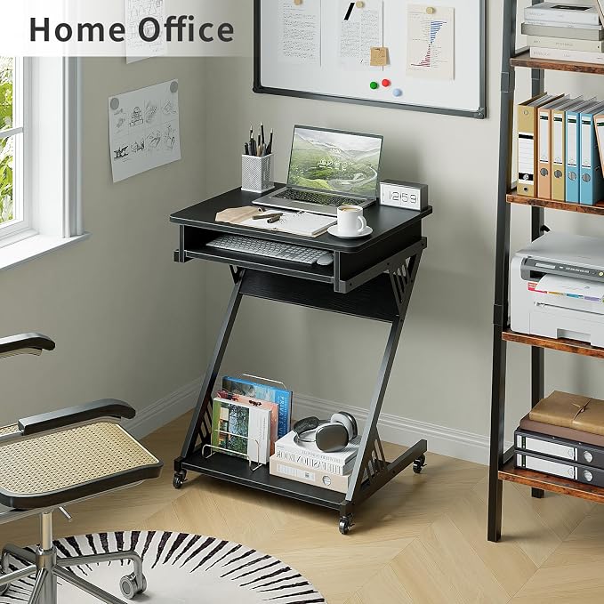 ALISENED Computer Desk for Small Spaces Compact Desk with Keyboard Tray | 23.6" Z-Shaped, with Wheels and Bottom Shelves, for Home Office, Computer Cart Mobile Laptop Cart, Black - Image 9