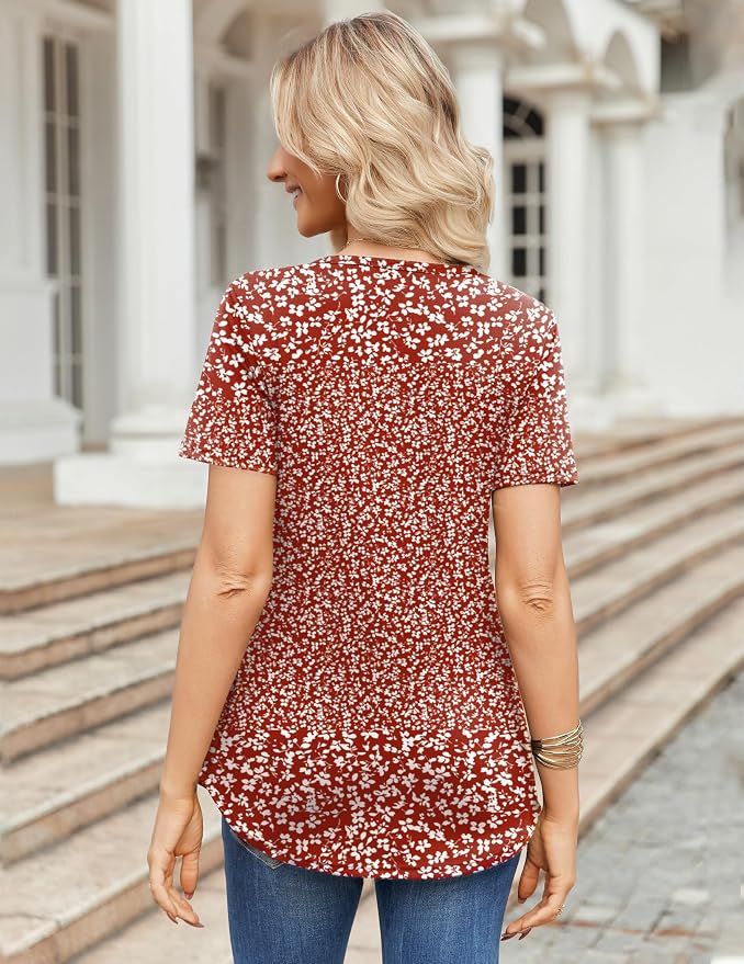 Zeagoo Womens Short Sleeve Tops Summer Henley V-Neck Tshirts Casual Pleated Blouse Dressy Loose Floral Basic Tee - Image 6