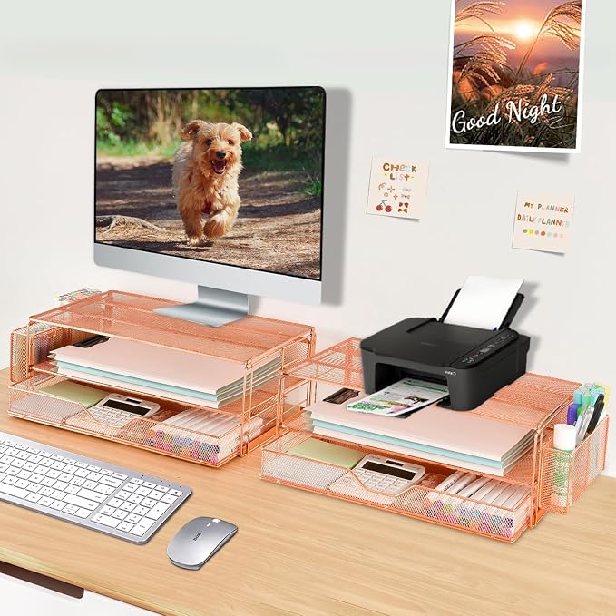 AUPSEN Computer Monitor Stands Riser,2-Tier Desk Organizers and Accessories, Office Desk Accessories Organizer with Drawers and 2 Pen Holder for Office Supplies (Rose Gold) - Image 7