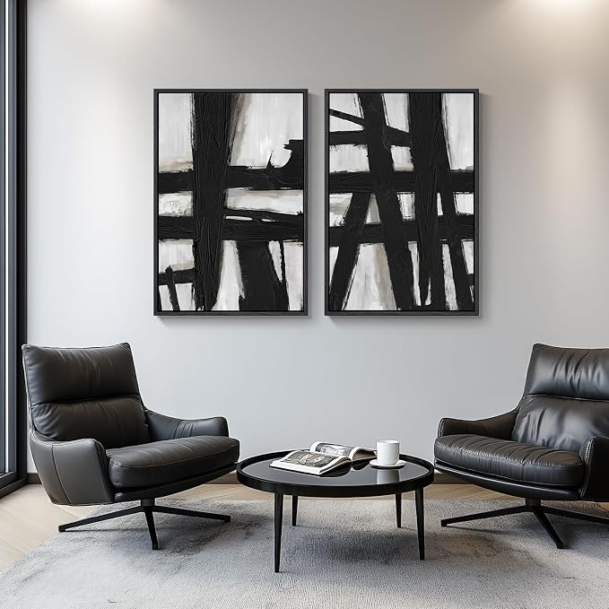 Large Framed Black and White Abstract Wall Art for Living Room, 2 Piece Modern Canvas Prints Wall Paintings Artwork for Walls, Minimalist Black Lines Pictures for Hallway Office Wall Decor 24x36 In - Image 8