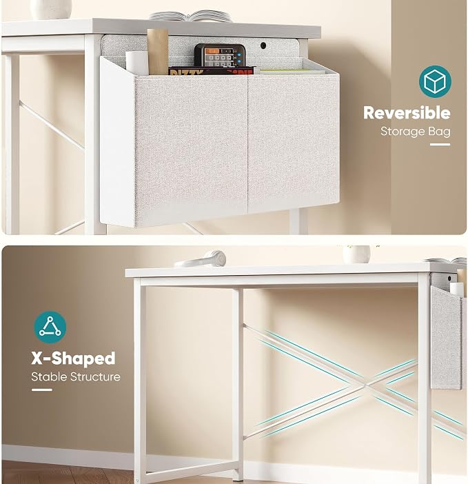 OLIXIS Computer Desk, 55 Inch Gaming Desks for Home Office Small Spaces | Writing Study Craft Work Table, Computer Workstation for Bedroom with Storage Bag, All White - Image 8