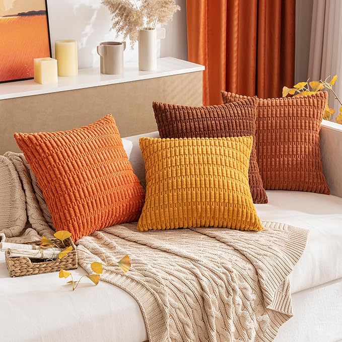 MIULEE Fall Pack of 2 Burnt Orange Corduroy Decorative Pillow Covers 18x18 Inch Soft Boho Striped Throw Pillow Covers Modern Farmhouse Home Decor for Sofa Living Room Couch Bed - Image 8