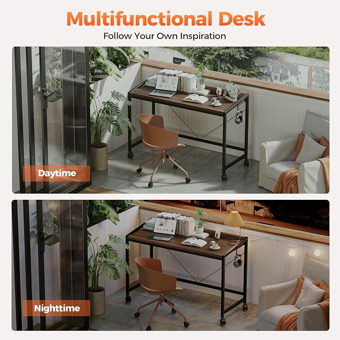 Mericonia 47x20 Inch Small Computer Desk with Wheels & Rear Lip | Simple Rolling Desk, Writing Table for Home Office Bedroom Work Study, Walnut - Image 9