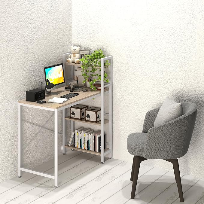 4NM 35.4" Small Computer Desk with 4-Tier Bookshelf and 8 Hooks, Home Office Desk Writing Workstation Study Table for Small Space Work - Natural and White - Image 5