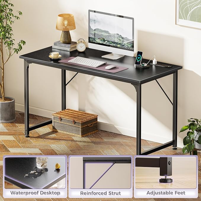 PRAISUN 47 X 20 Inch Computer Desk, Power Outlets, USB-C, Black | Office Desk with 4 AC Outlets, USB & USB-C, Sturdy Metal Frame, Spacious Desktop for Work, Writing, Study & Gaming - Image 9