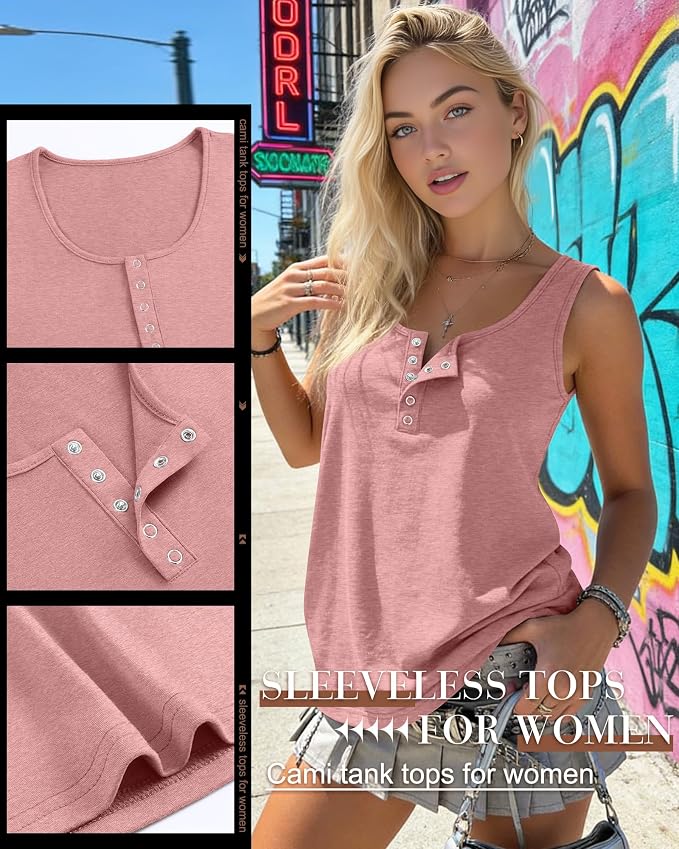 Ficerd 3 Pack Women's Henley Tank Tops Sleeveless Button Down Summer Shirts 2026 Casual Trendy Loose U Neck Tee Blouses - Image 5