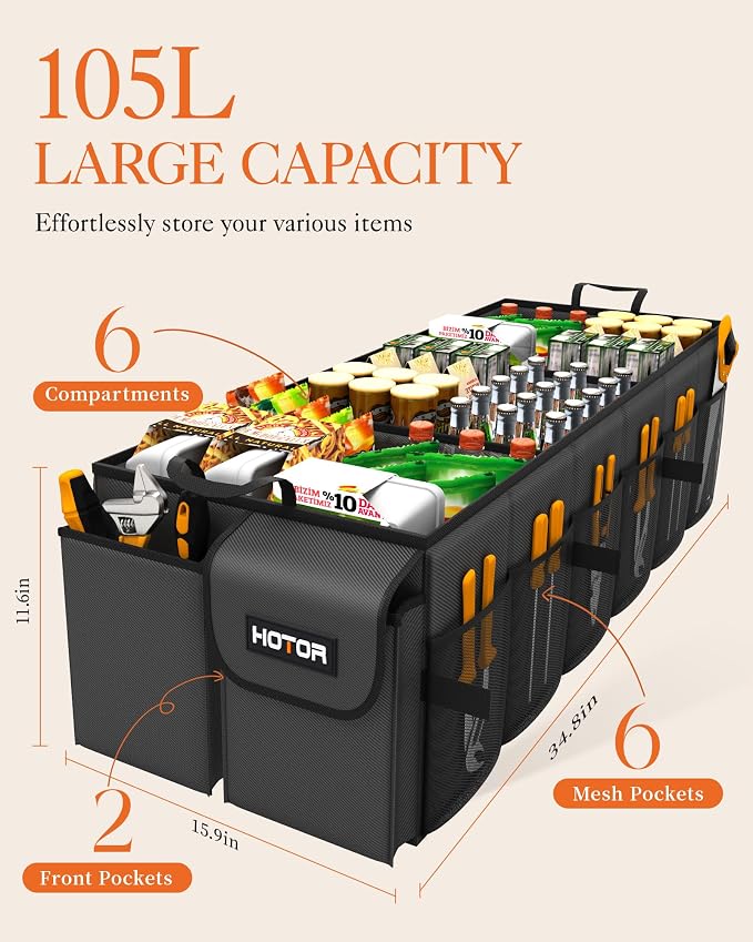 HOTOR Trunk Organizer - Car Organizer, Foldable Trunk organizer for SUVs & Sedans, Sturdy Car Organization for Car Accessories, Tools, Sundries, Black, 6 Compartments, 34.8"×16.0"×11.6" - Image 3