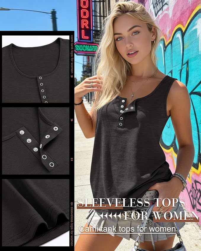 Ficerd 3 Pack Women's Henley Tank Tops Sleeveless Button Down Summer Shirts 2026 Casual Trendy Loose U Neck Tee Blouses - Image 5