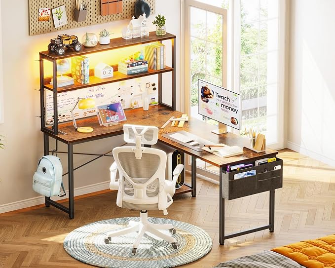 AODK L Shaped Desk Gaming Desk with LED Light & Power Outlet | 53 Inch Vintage Reversible L Shaped Computer Table with Shelf & Storage Bag & Hook for Home Office - Image 8