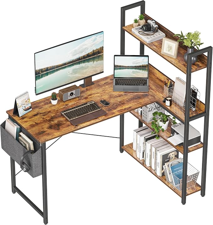 Treesland 40 Inch Computer Desk with Bookshelf, Corner Desk with Storage, L Shaped Desk, Home Office Desks, Writing Study Desk for Bedroom, Brown - Image 6