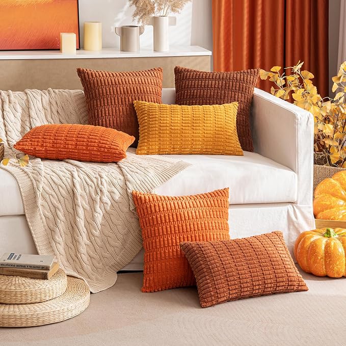 MIULEE Fall Pack of 2 Orange Corduroy Decorative Lumbar Pillow Covers 20x12 Inch Soft Boho Striped Throw Pillow Covers Modern Farmhouse Home Decor for Sofa Living Room Couch Bed - Image 8